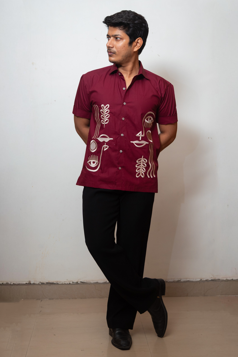 Maroon Boxy Fit Graphic Embroidered Shirt