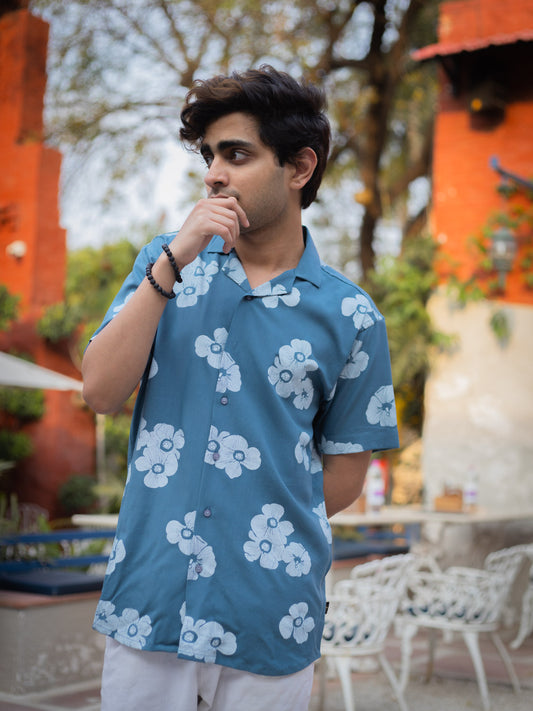 Blue Floral Printed Sustainable Rayon Unisex Shirt