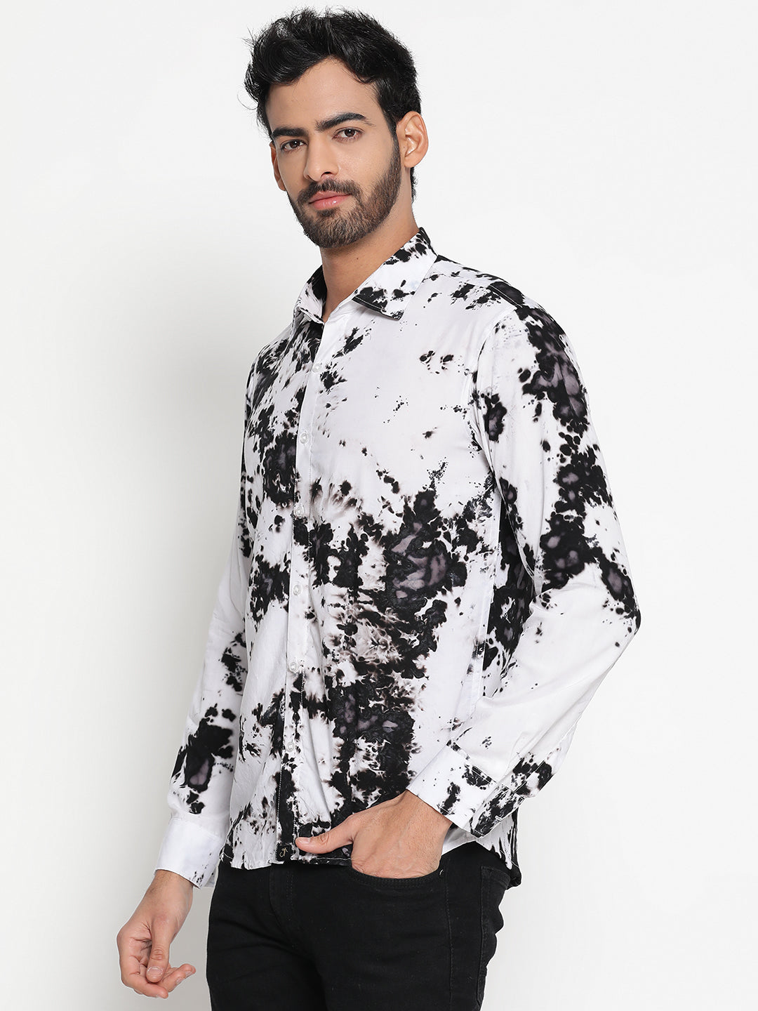 Black and White Slim Fit Tie Dye Shirt