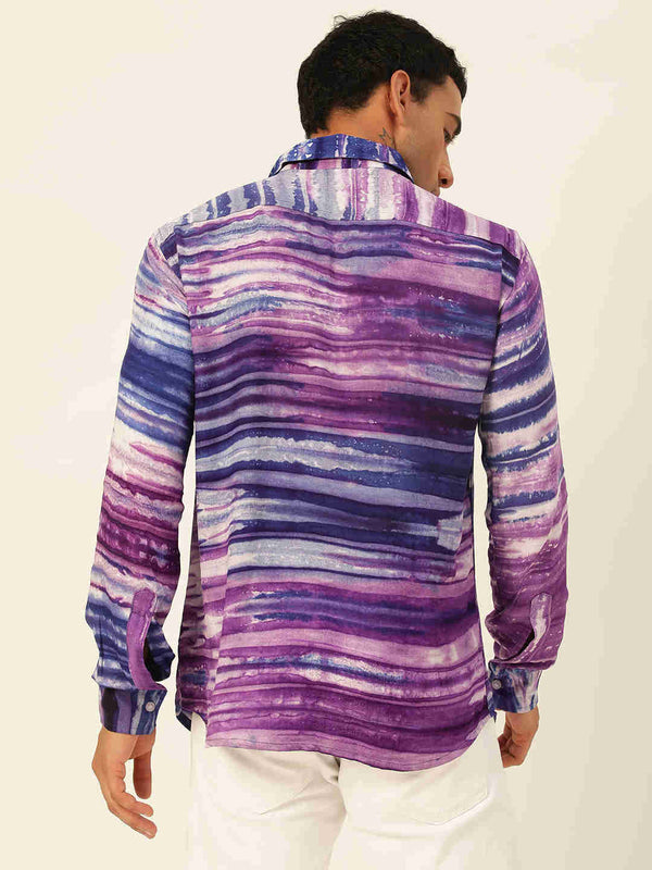 Horizontal Striped Tie Dye Slim Fit Unisex Rayon Shirt
