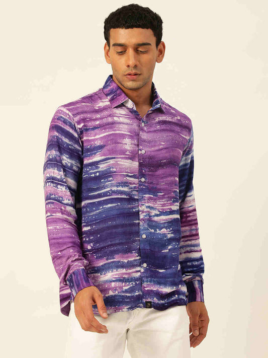Horizontal Striped Tie Dye Slim Fit Unisex Rayon Shirt