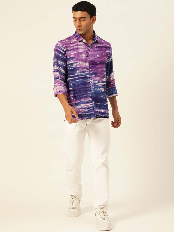 Horizontal Striped Tie Dye Slim Fit Unisex Rayon Shirt