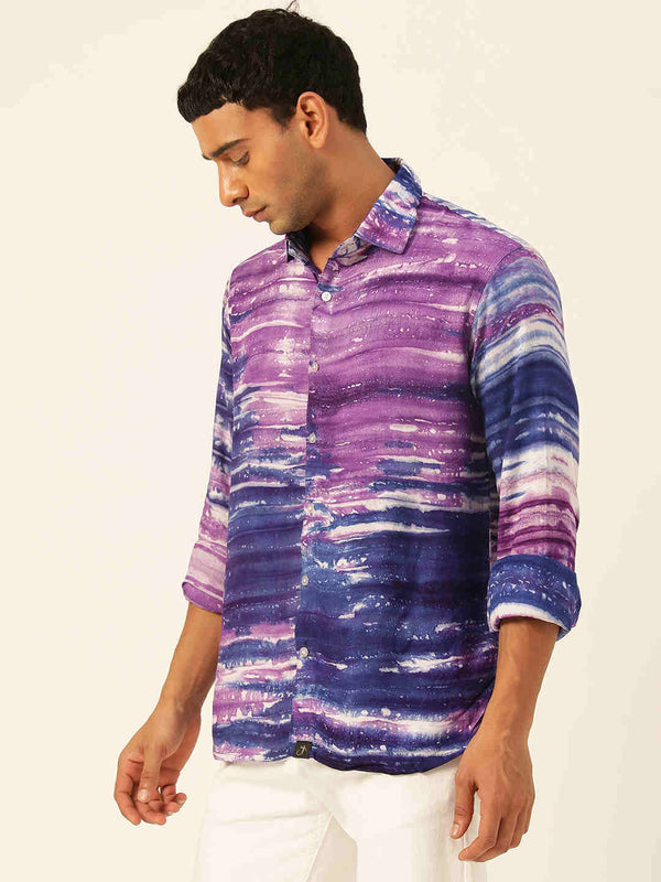 Horizontal Striped Tie Dye Slim Fit Unisex Rayon Shirt
