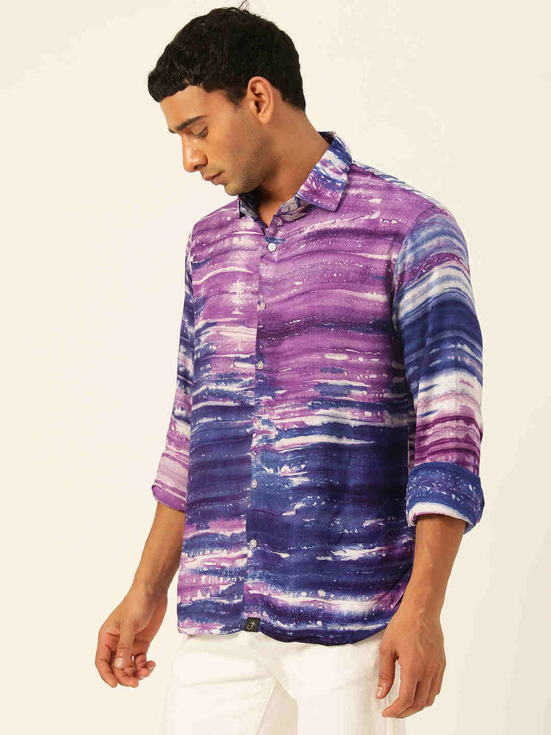 Horizontal Striped Tie Dye Slim Fit Unisex Rayon Shirt