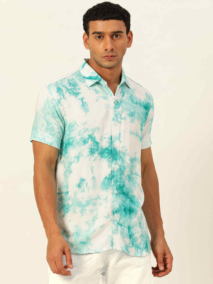 Premium Turquoise and White Tie Dye Slim Fit Rayon Shirt
