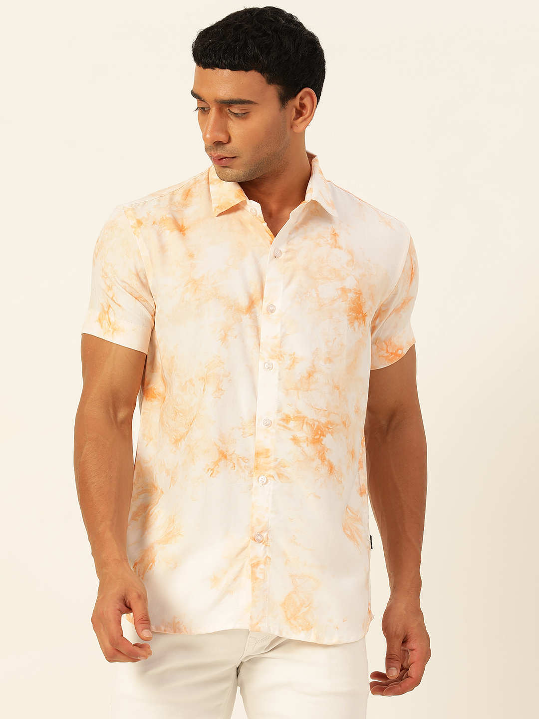 Premium Peach and White Tie Dye Slim Fit Rayon Shirt