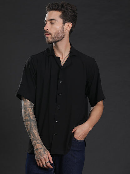 Black Oversized Cuban Collar Unisex Shirt