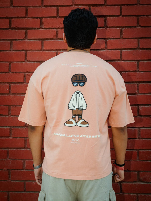 Unisex Oversized Peach Cotton T-Shirt with Back Cartoon Graphic
