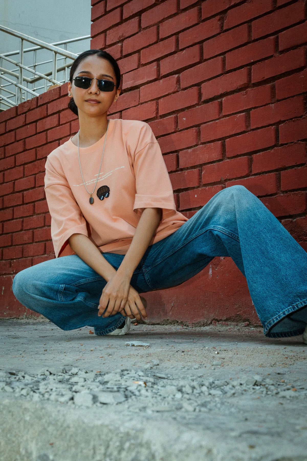 Women Oversized Peach Cotton T-Shirt with Back Cartoon Graphic