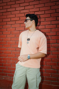 Unisex Oversized Peach Cotton T-Shirt with Back Cartoon Graphic