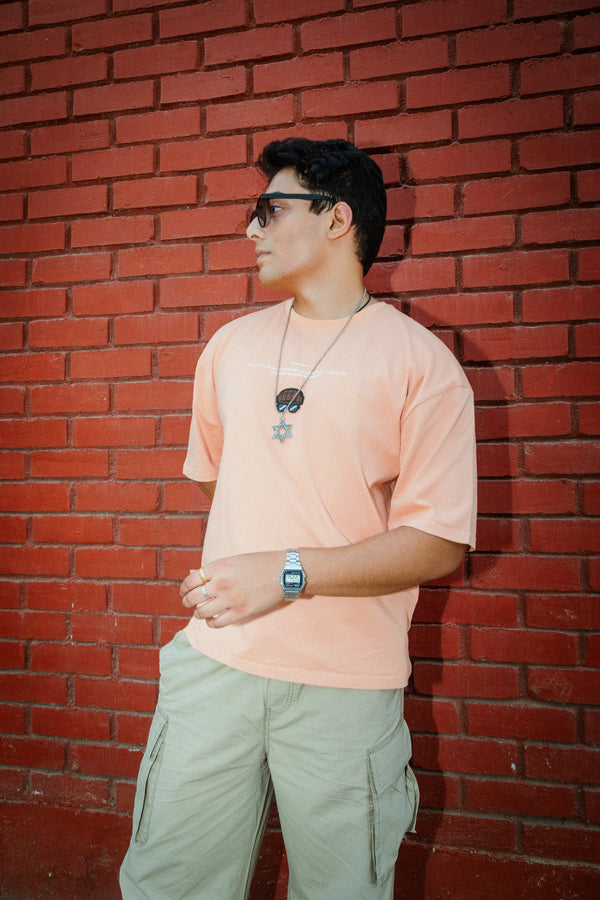 Unisex Oversized Peach Cotton T-Shirt with Back Cartoon Graphic
