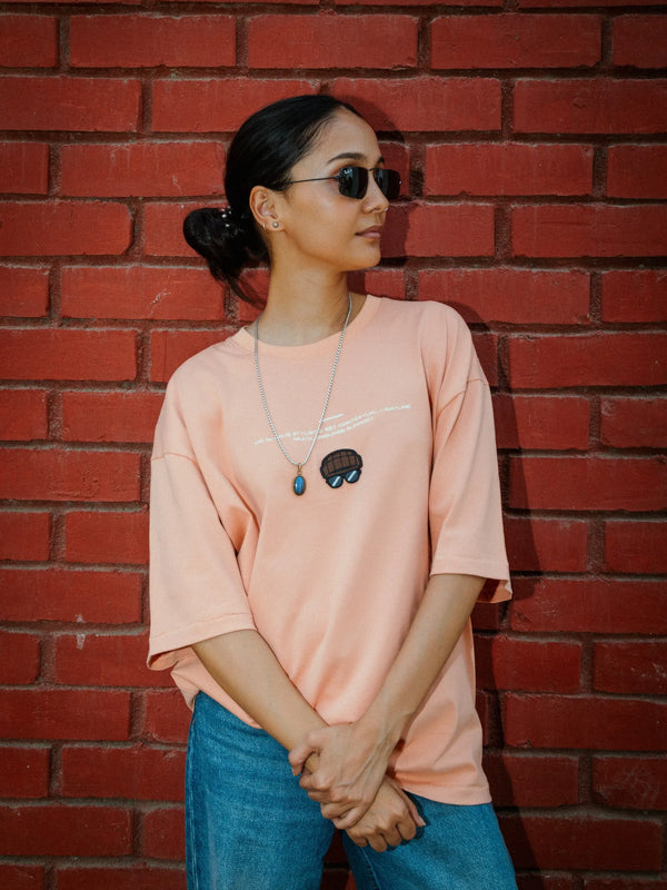 Women Oversized Peach Cotton T-Shirt with Back Cartoon Graphic