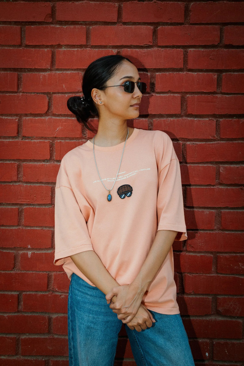 Women Oversized Peach Cotton T-Shirt with Back Cartoon Graphic