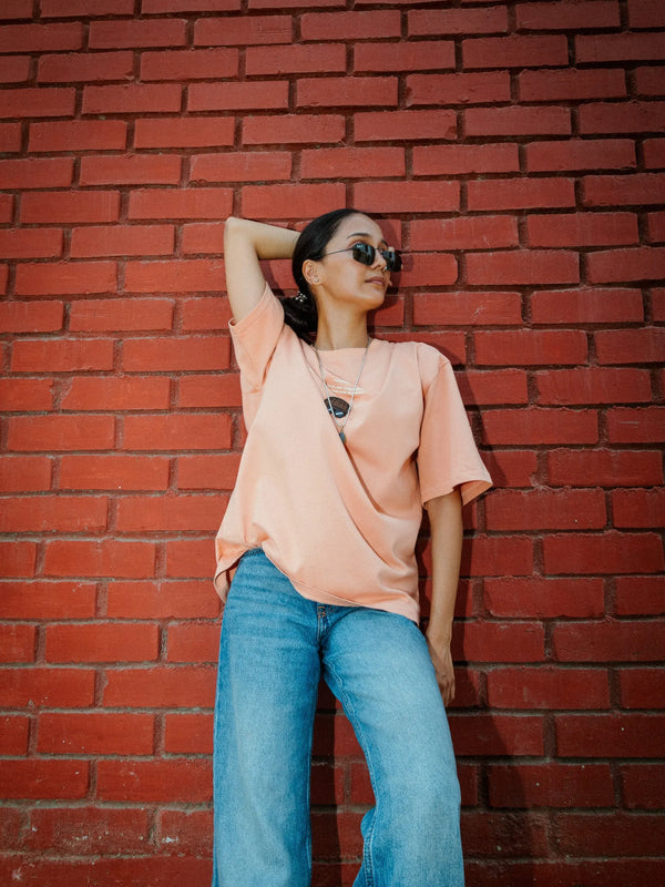 Women Oversized Peach Cotton T-Shirt with Back Cartoon Graphic