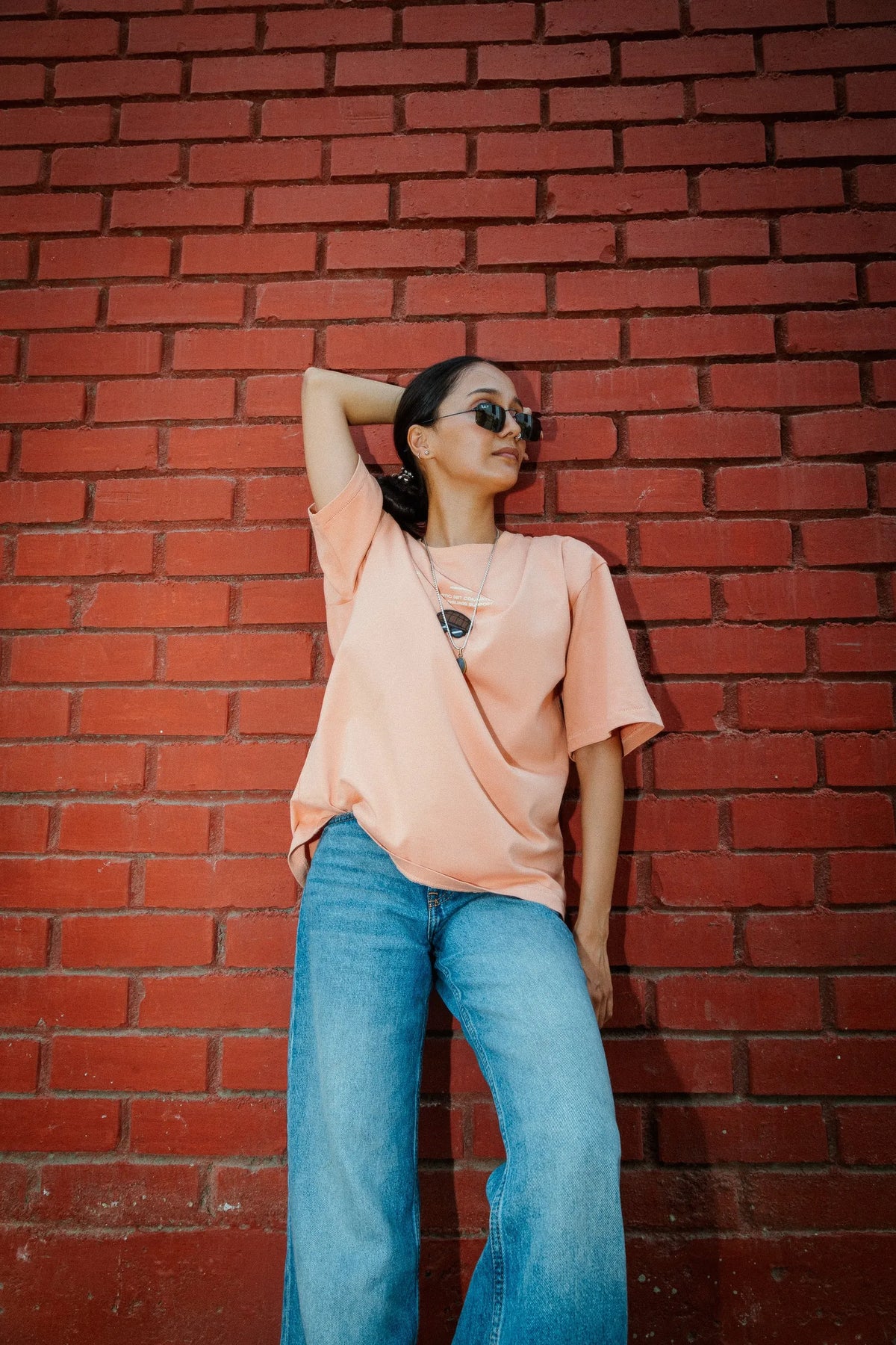 Women Oversized Peach Cotton T-Shirt with Back Cartoon Graphic