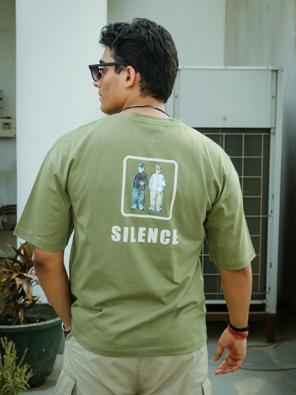 Unisex Oversized Olive Green T-Shirt with "Silence" Print & Vintage Graphic