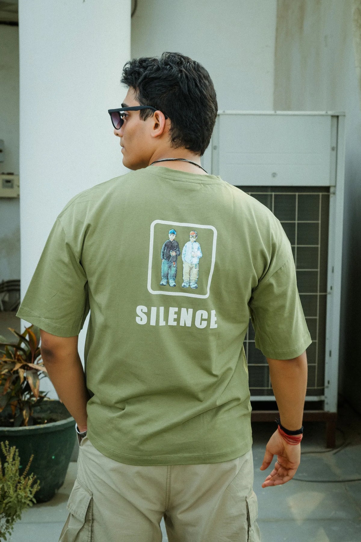 Unisex Oversized Olive Green T-Shirt with "Silence" Print & Vintage Graphic
