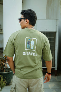 Unisex Oversized Olive Green T-Shirt with "Silence" Print & Vintage Graphic
