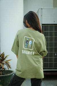 Women Oversized Olive Green T-Shirt with "Silence" Print & Vintage Graphic