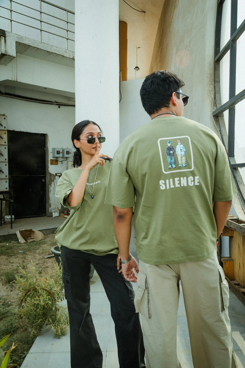 Women Oversized Olive Green T-Shirt with "Silence" Print & Vintage Graphic