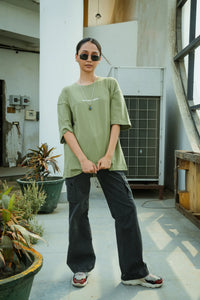 Women Oversized Olive Green T-Shirt with "Silence" Print & Vintage Graphic