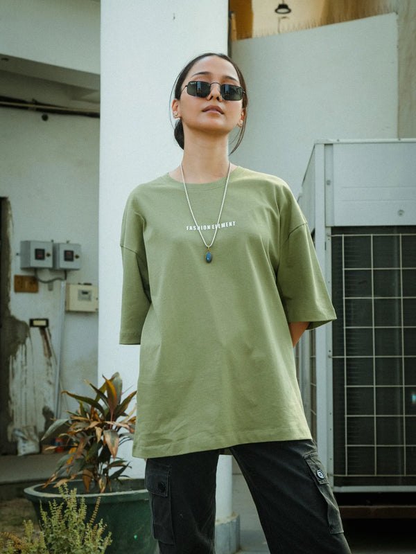 Women Oversized Olive Green T-Shirt with "Silence" Print & Vintage Graphic
