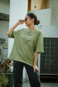 Women Oversized Olive Green T-Shirt with "Silence" Print & Vintage Graphic