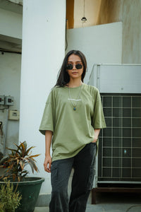 Women Oversized Olive Green T-Shirt with "Silence" Print & Vintage Graphic