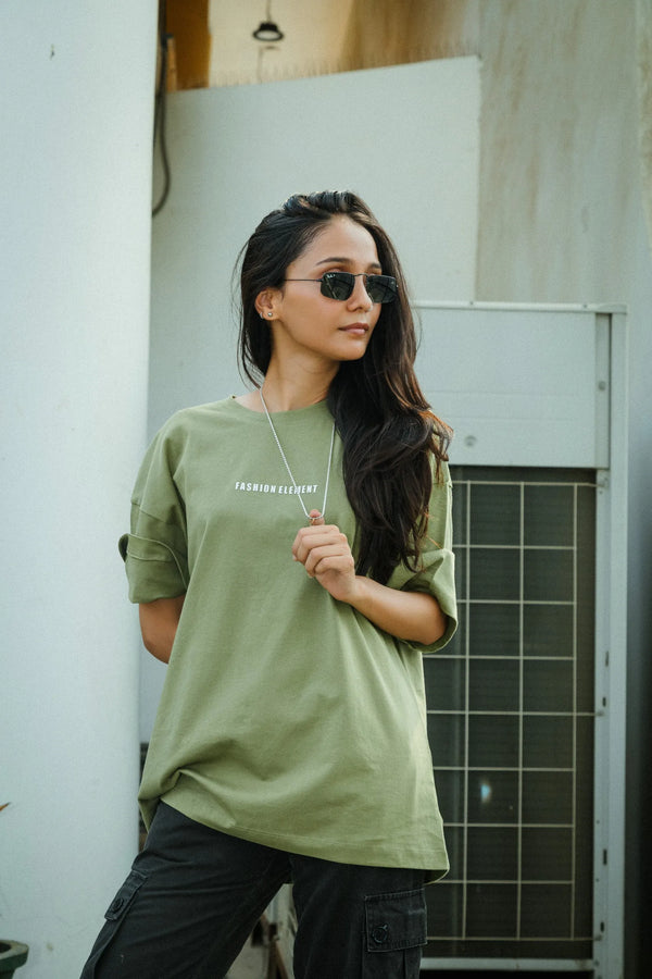 Women Oversized Olive Green T-Shirt with "Silence" Print & Vintage Graphic