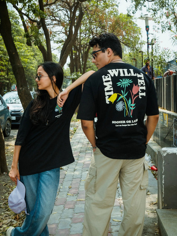 Unisex Oversized Black T-Shirt with “Time Will Tell” & Floral Graphic Print