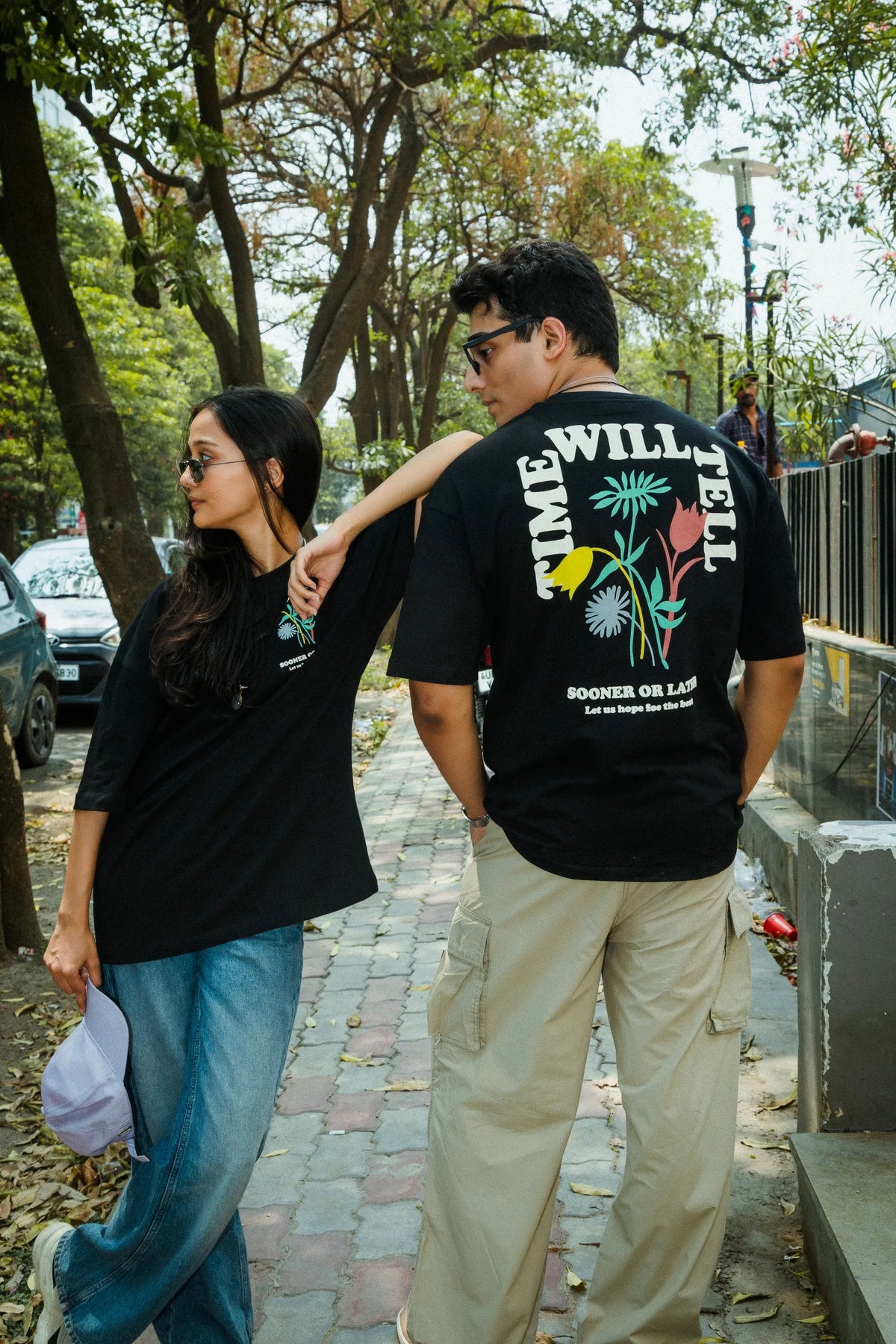Unisex Oversized Black T-Shirt with “Time Will Tell” & Floral Graphic Print