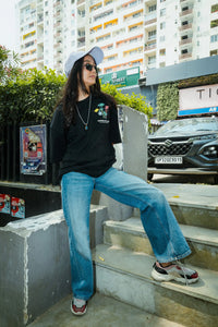 Women Oversized Black T-Shirt with “Time Will Tell” & Floral Graphic Print