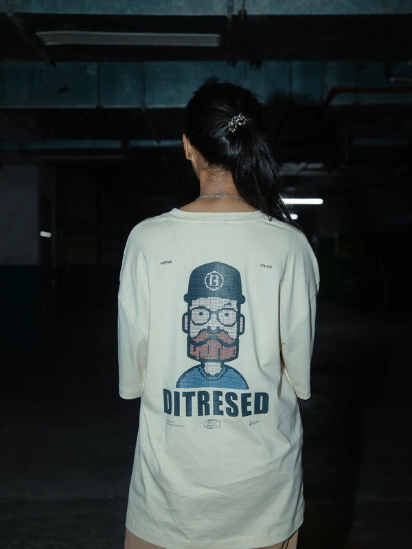 Women Oversized Off-White T-Shirt with Typographic Print