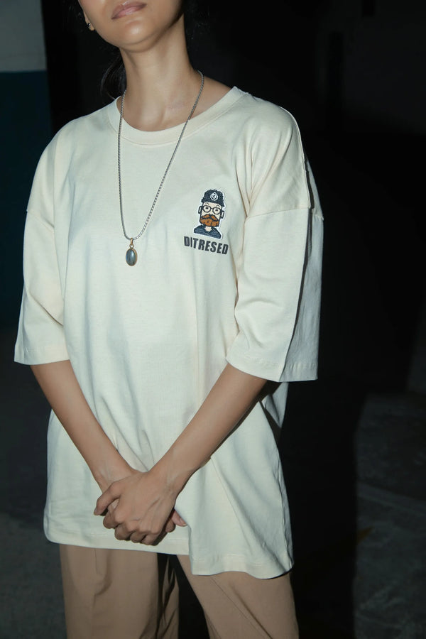 Women Oversized Off-White T-Shirt with Typographic Print
