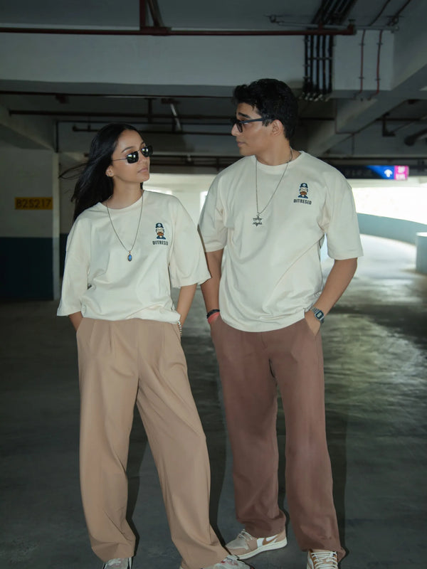 Women Oversized Off-White T-Shirt with Typographic Print