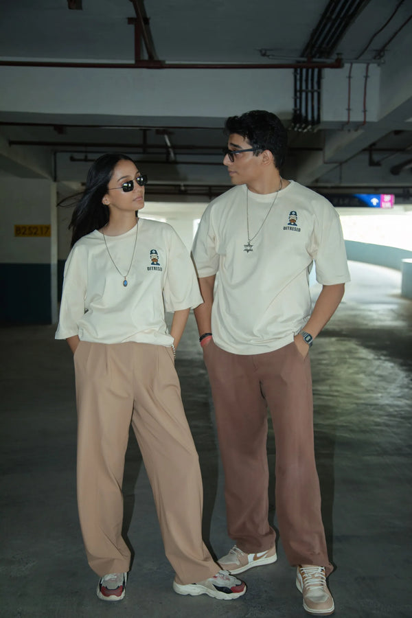 Women Oversized Off-White T-Shirt with Typographic Print