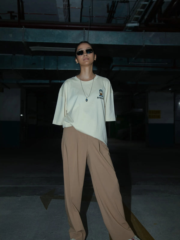 Women Oversized Off-White T-Shirt with Typographic Print