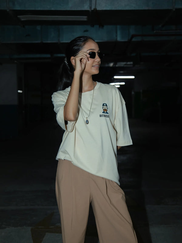 Women Oversized Off-White T-Shirt with Typographic Print