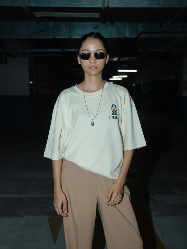 Women Oversized Off-White T-Shirt with Typographic Print