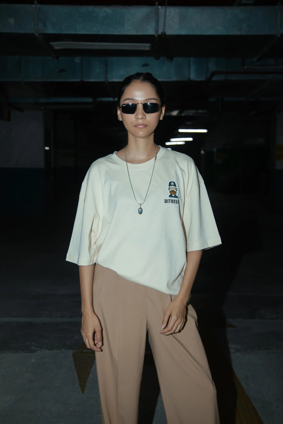 Women Oversized Off-White T-Shirt with Typographic Print