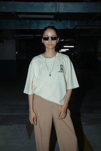 Women Oversized Off-White T-Shirt with Typographic Print