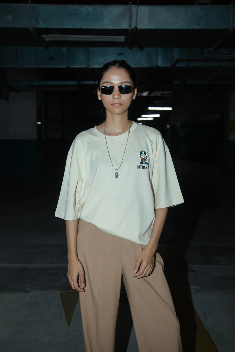 Women Oversized Off-White T-Shirt with Typographic Print
