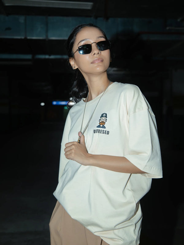 Women Oversized Off-White T-Shirt with Typographic Print