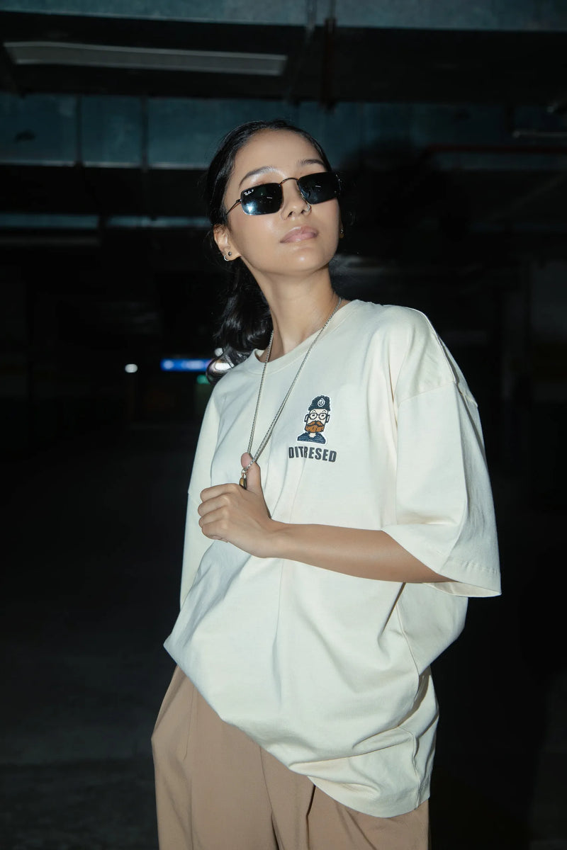 Women Oversized Off-White T-Shirt with Typographic Print