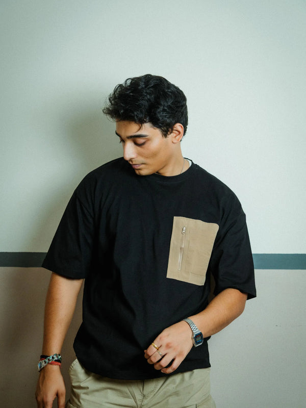 Men’s Black Oversized Cotton T-Shirt with Utility Beige Zip Pocket