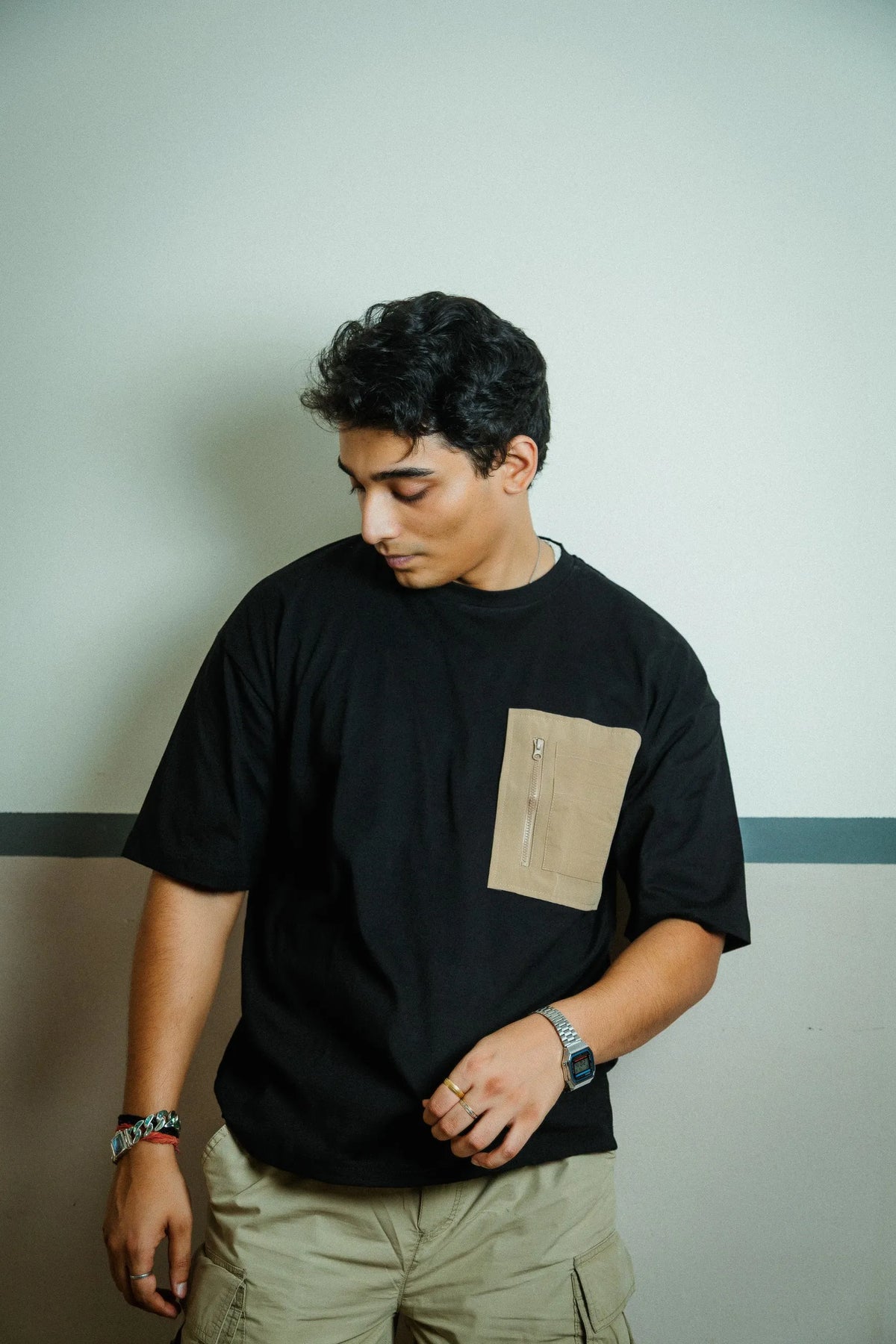 Men’s Black Oversized Cotton T-Shirt with Utility Beige Zip Pocket
