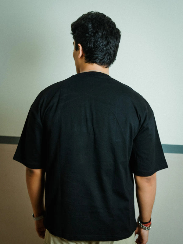Men’s Black Oversized Cotton T-Shirt with Utility Beige Zip Pocket