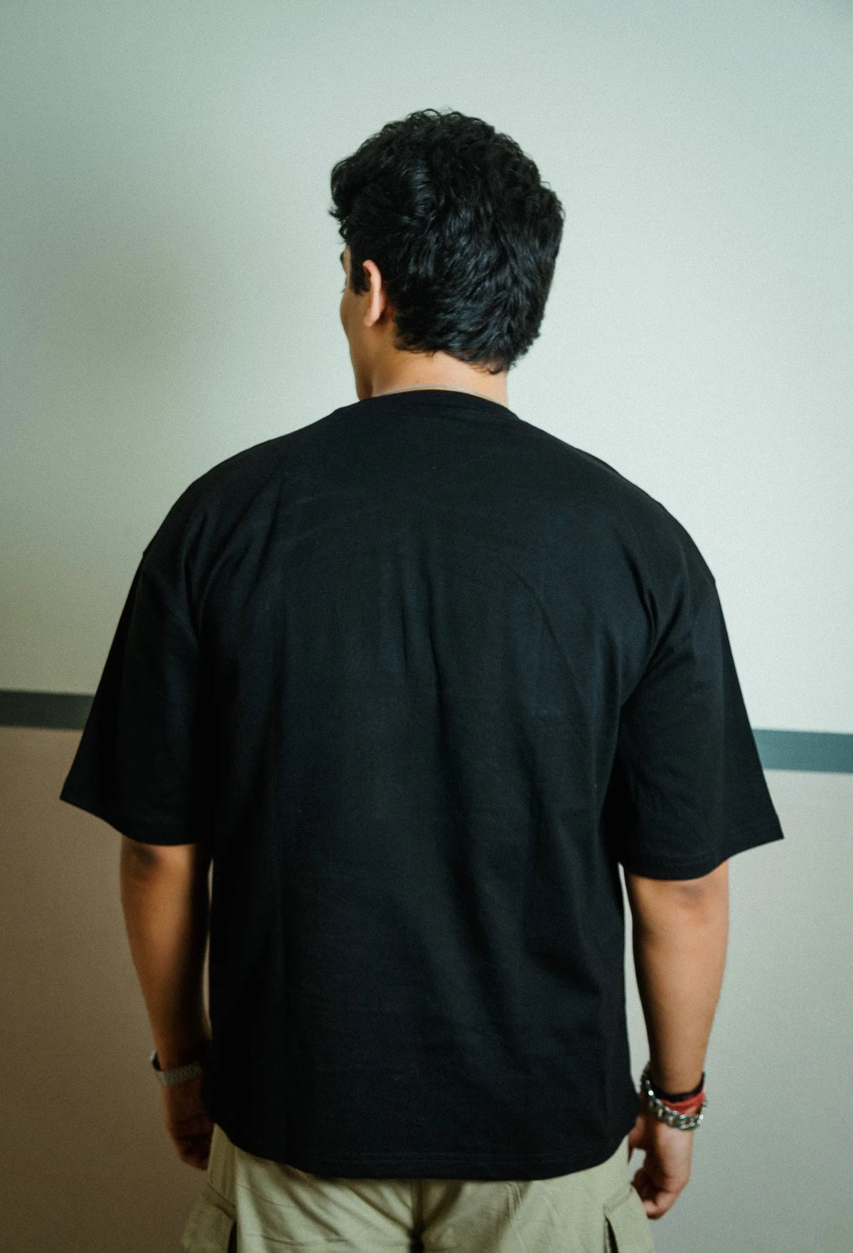 Men’s Black Oversized Cotton T-Shirt with Utility Beige Zip Pocket