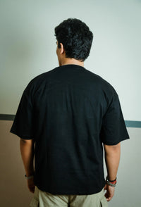 Men’s Black Oversized Cotton T-Shirt with Utility Beige Zip Pocket