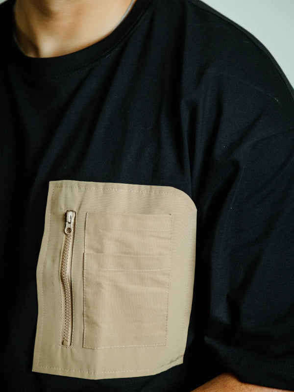 Men’s Black Oversized Cotton T-Shirt with Utility Beige Zip Pocket